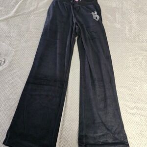 Dolls Kill x Bratz Velour Pants Womens Small Black Rhinestone Logo Flare Y2K